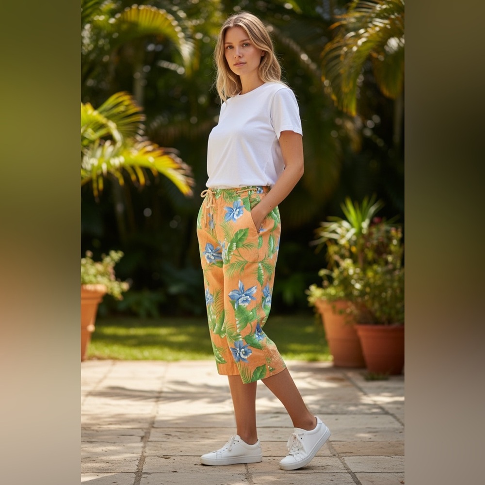 Lauren Ralph Lauren Orange Floral Cotton Capri Pants Size 16 - Picture 13 of 14
